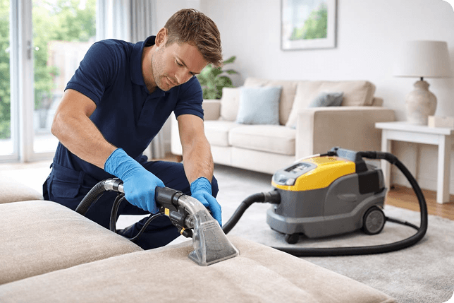 Profesional limpiando un sillón con equipo especializado